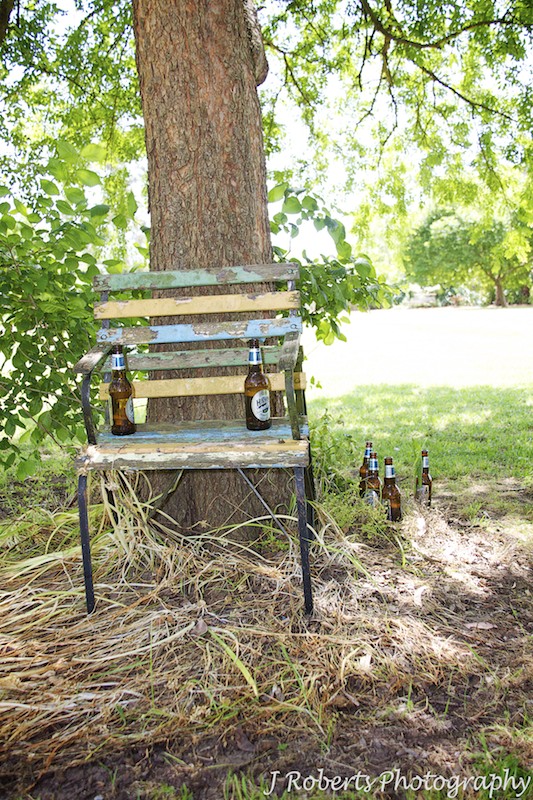 Garden chair with boys beers - wedding photography sydney